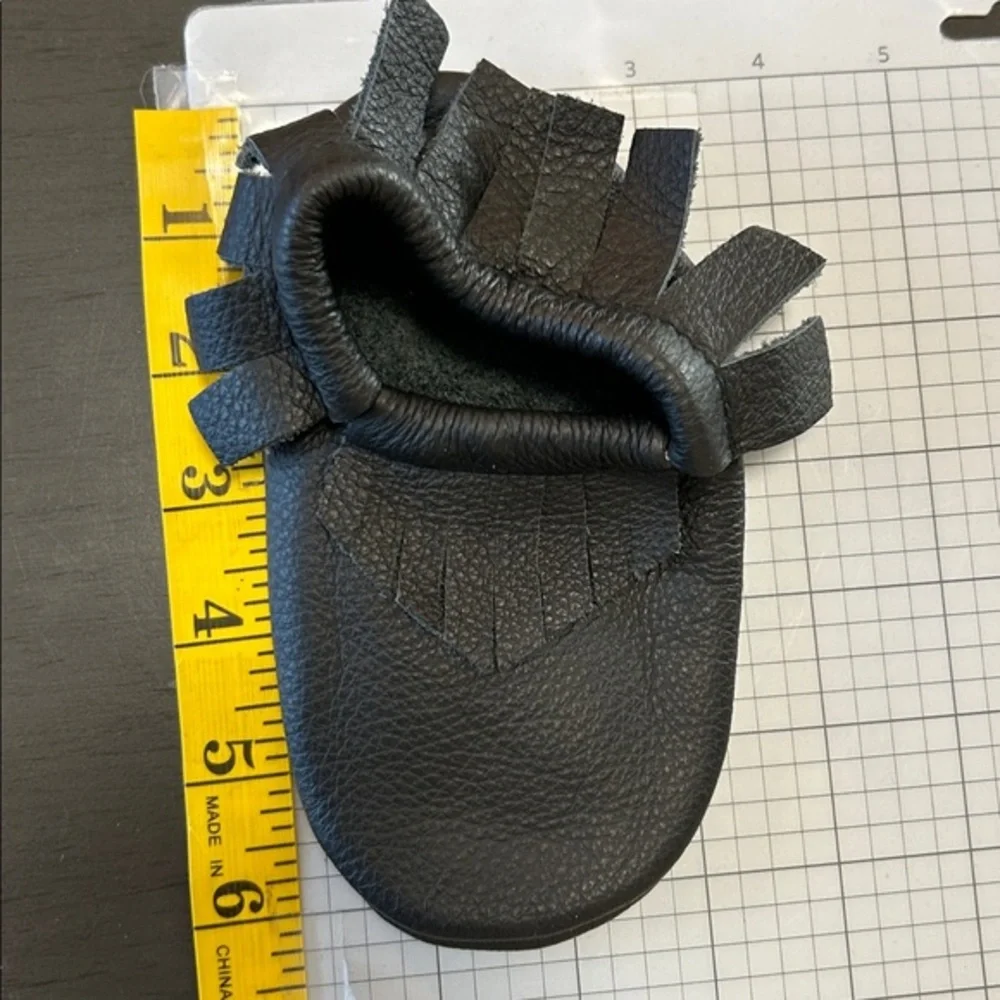 6 Inch Toddler Moccasins Black Leather Fringe Slip On No Rubber or Plastic Soles